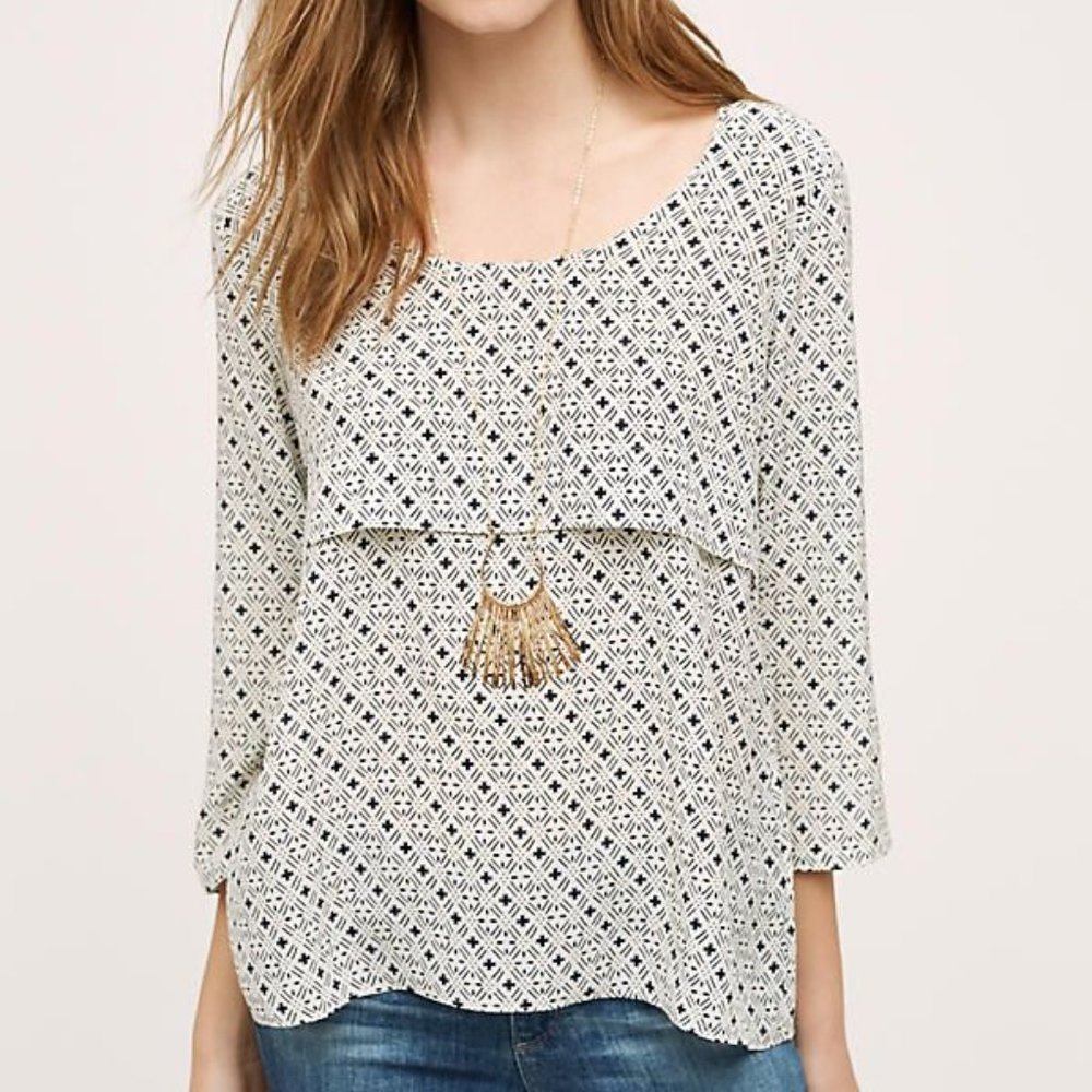 Anthropologie Tiered Silk Top Blouse White Black Pattern HD in Paris NEW